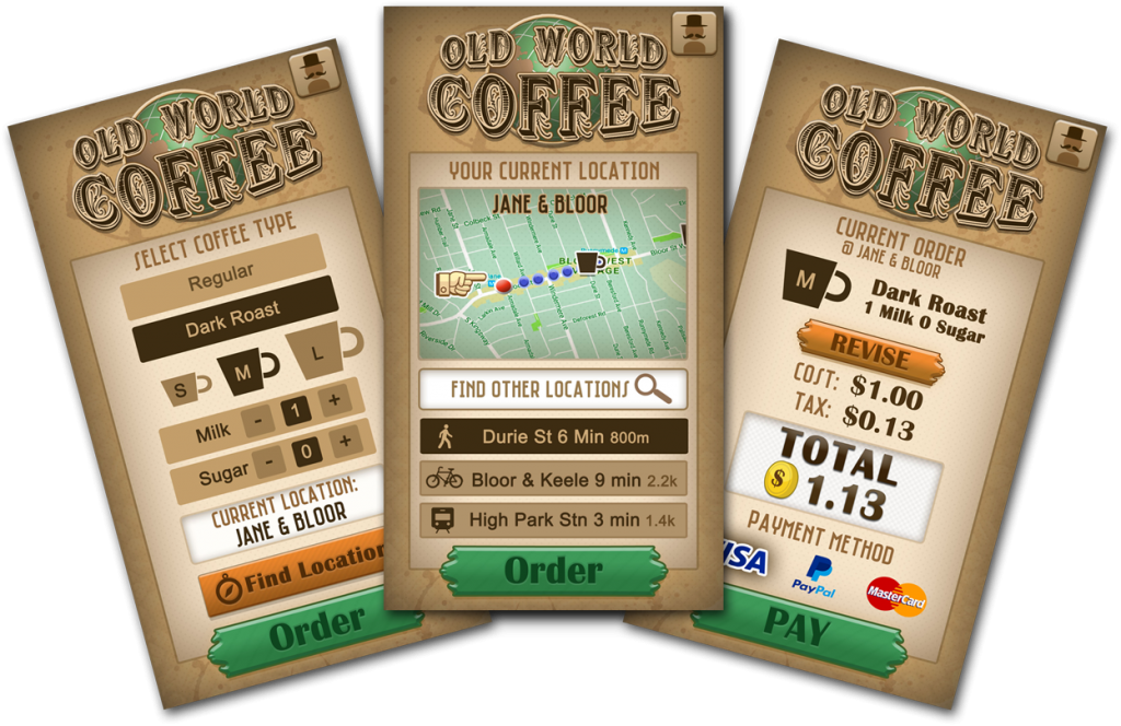 Images for the Old World Coffee wireframes.